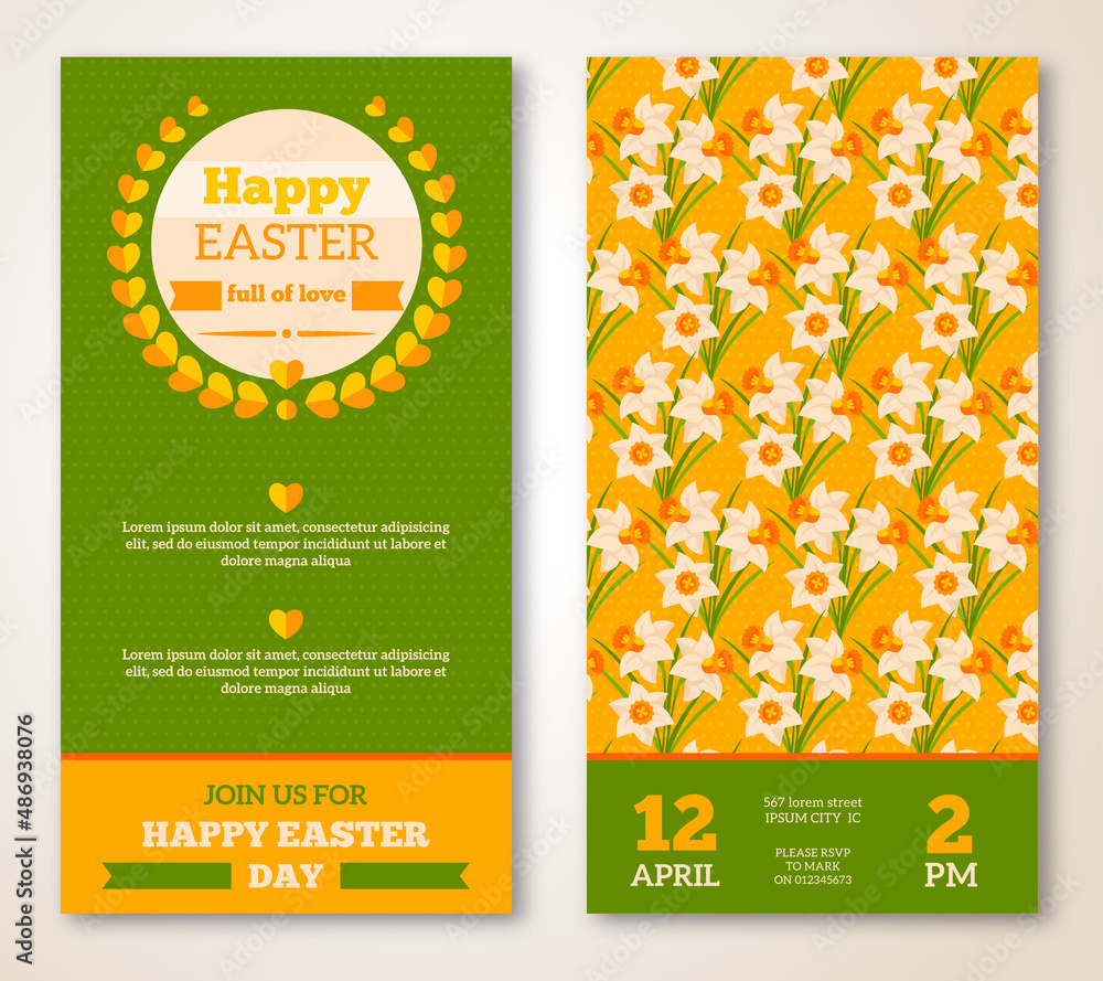 Vintage Happy Easter Greeting Card Design. Vector Illustration. Retro Banners with Floral Pattern. Easter Frame. Easter Egg Hunt Flyer with Daffodils.