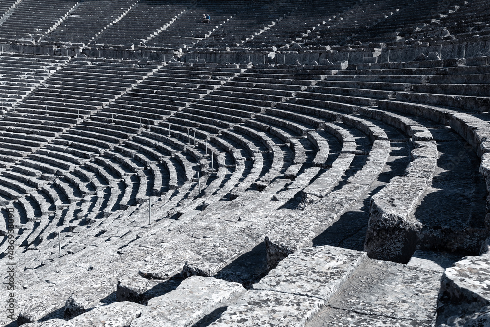 Giant ancient Greek theatre in Epidaurus view from the upper level, Greece Giant ancient Greek theatre in Epidaurus view from the upper level, Greece