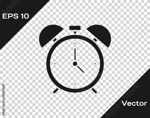 Black Alarm clock icon isolated on transparent background. Wake up, get up concept. Time sign. Vector