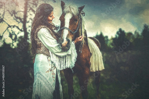 Shaman woman in landscape with her horse. Painting effect.
