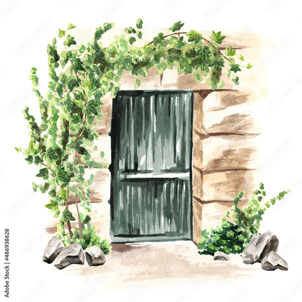 Φωτογραφία Wooden door in an old stone wall and climbing Ivy  plant, Hand drawn watercolor