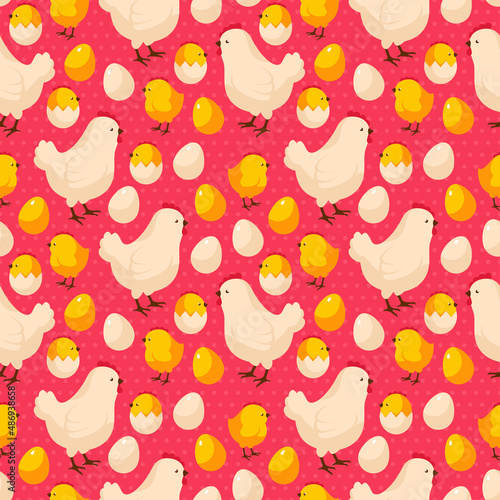 Easter seamless pattern with chicks, hens and colorful eggs. Vector illustration. Spring tiling with cute farm bird characters for Happy Easter Design.