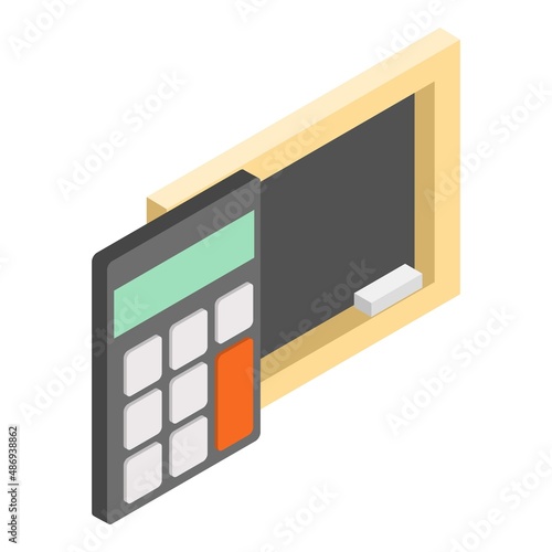 School symbol icon isometric vector. Chalkboard with piece chalk and calculator. Learning and education concept