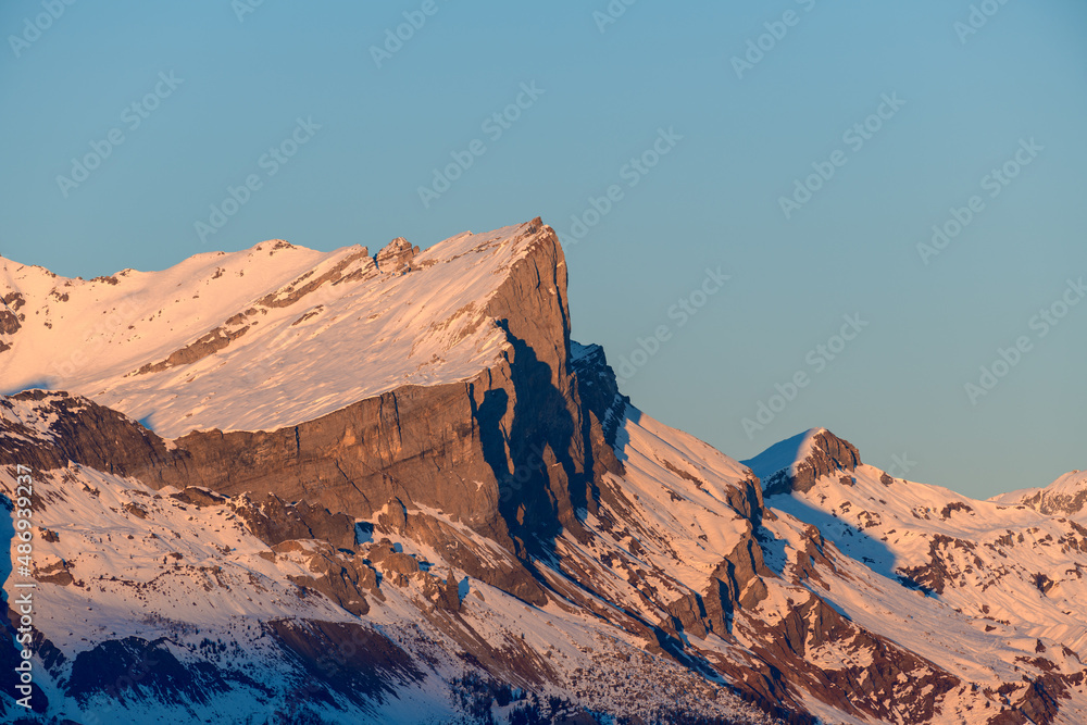 La Chaine des Fiz at sunset in Europe, France, Rhone Alpes, Savoie, Alps, in winter, on a sunny day.