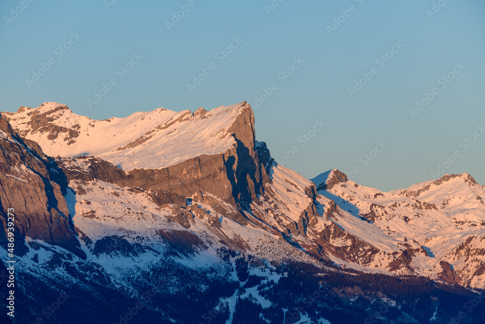 The Chaine des Fiz and its orange colors in Europe, in France, Rhone Alpes, in Savoie, in the Alps, in winter, on a sunny day.