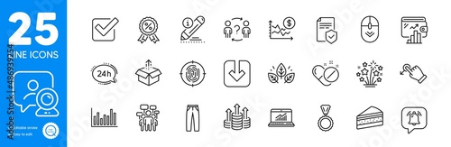 Outline icons set. Online statistics, Video conference and Organic tested icons. Pants, Bar diagram, Scroll down web elements. Send box, Medical pills, Delegate question signs. Vector