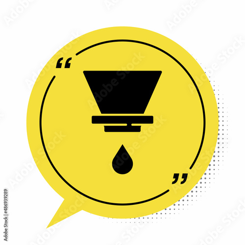 Black V60 coffee maker icon isolated on white background. Yellow speech bubble symbol. Vector