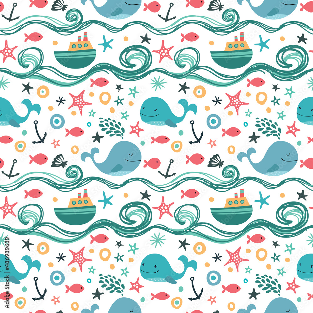 Seamless pattern with cute whales, waves and ships.