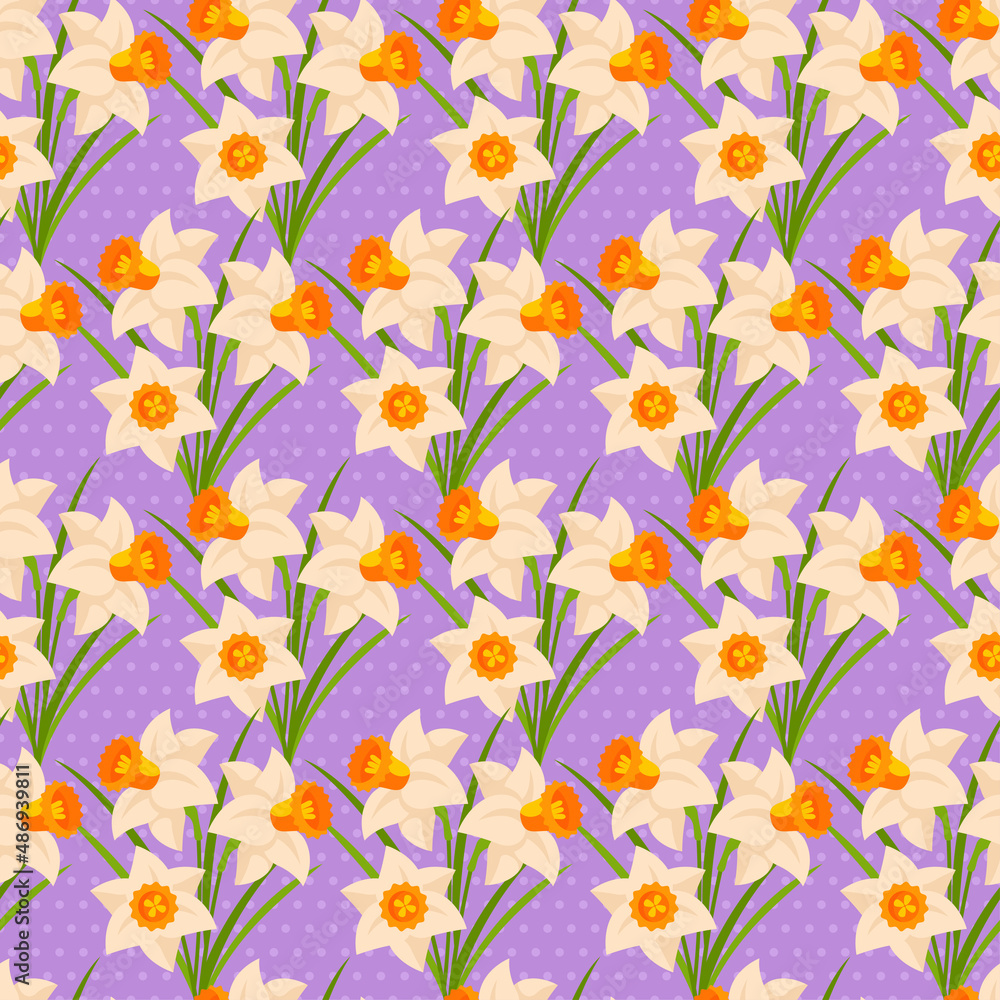 Easter seamless pattern with daffodils. Vector illustration. Spring flowers tiling for Happy Easter Design.