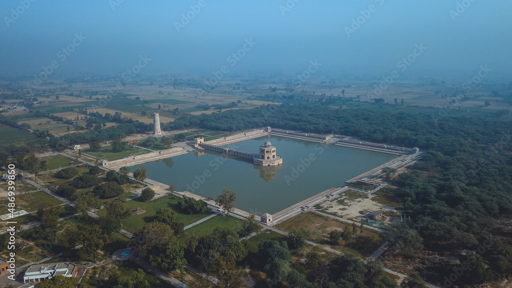 Aerial View to the Hiran Minar Mughal era complex in Sheikhupura, Punjab province, Pakistan