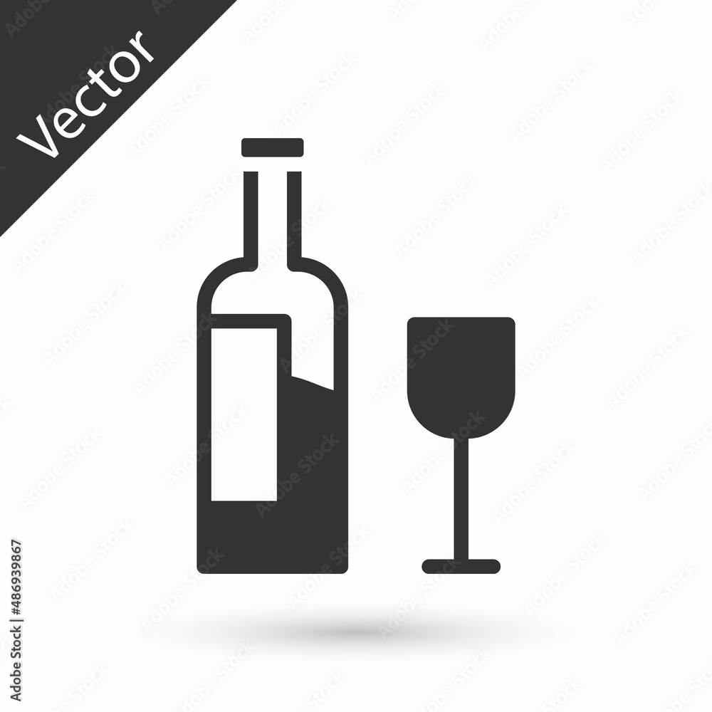 Grey Wine bottle with glass icon isolated on white background. Vector Grey Wine bottle with glass icon isolated on white background. Vector