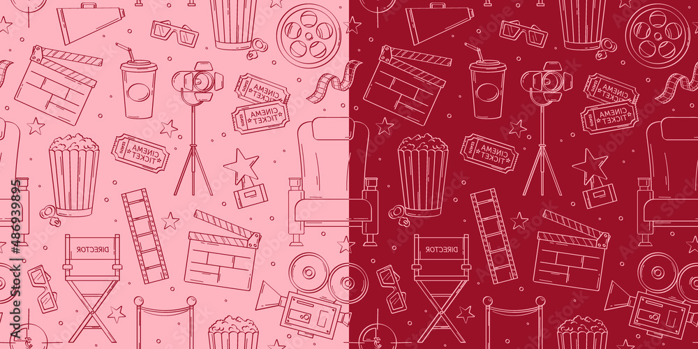 Hand drawn cinema pattern. Vector colorful seamless pattern with movie elements, line icons, popcorn, tickets, chair, reel, video camera, megaphone.Illustration for film industry, cinematography