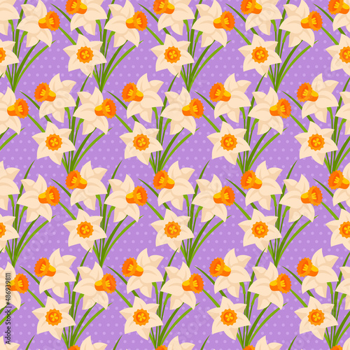 Easter seamless pattern with daffodils. Vector illustration. Spring flowers tiling for Happy Easter Design. © kotoffei