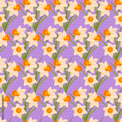 Easter seamless pattern with daffodils. Vector illustration. Spring flowers tiling for Happy Easter Design.