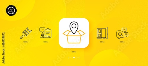 Inspect, Open door and Inventory report minimal line icons. Yellow abstract background. Brush, Package location icons. For web, application, printing. Vector