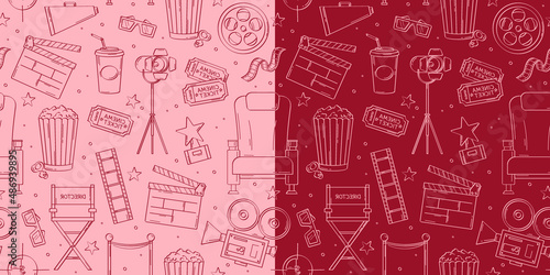 Hand drawn cinema pattern. Vector colorful seamless pattern with movie elements, line icons, popcorn, tickets, chair, reel, video camera, megaphone.Illustration for film industry, cinematography