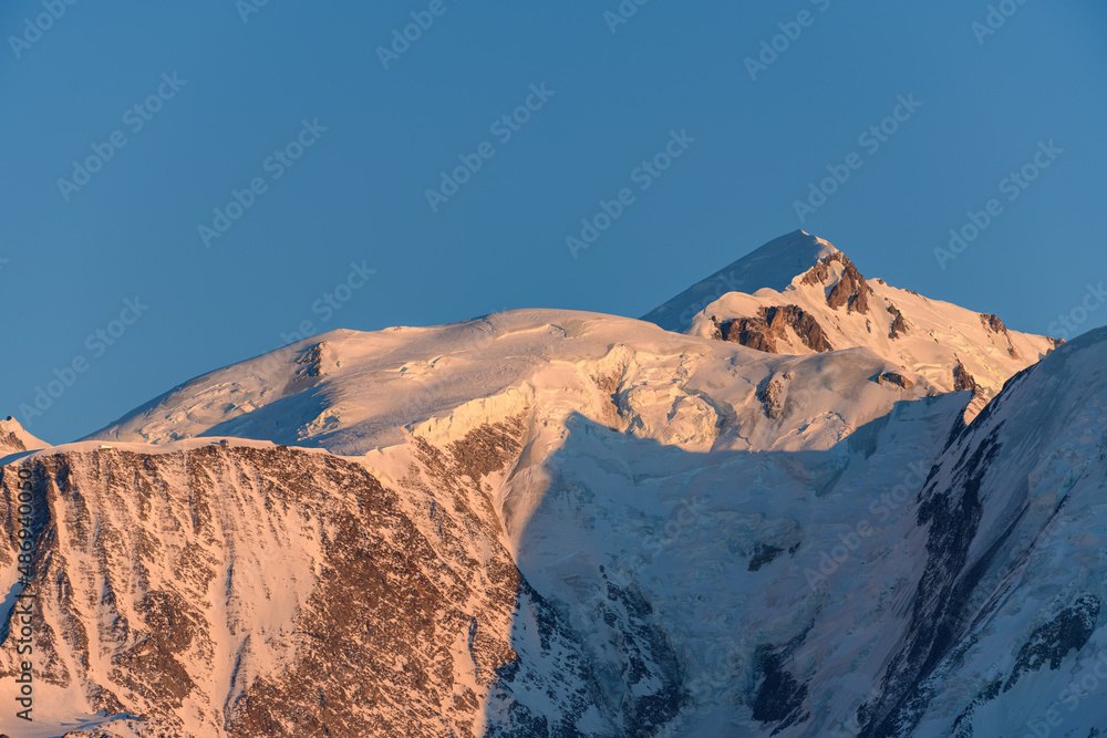 The snowy Mont Blanc massif in Europe, France, Rhone Alpes, Savoie, Alps, in winter.