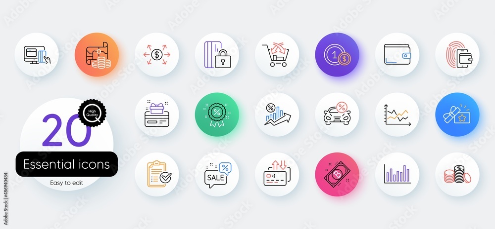 Simple set of Loan percent, Discounts bubble and Survey checklist line icons. Include Money wallet, Diagram chart, Blocked card icons. Cross sell, Wallet, Car leasing web elements. Vector Simple set of Loan percent, Discounts bubble and Survey checklist line icons. Include Money wallet, Diagram chart, Blocked card icons. Cross sell, Wallet, Car leasing web elements. Vector