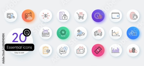 Simple set of Loan percent, Discounts bubble and Survey checklist line icons. Include Money wallet, Diagram chart, Blocked card icons. Cross sell, Wallet, Car leasing web elements. Vector