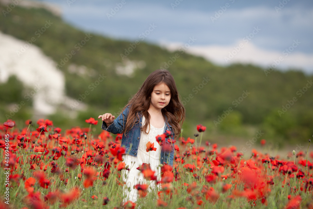 Pretty little girl on a poppy field, outdoor Pretty little girl on a poppy field, outdoor