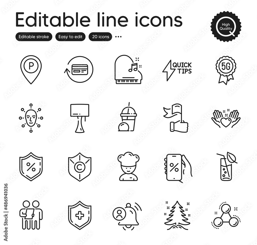 Set of Business outline icons. Contains icons as Leadership, Loan percent and Survey elements. Ice cream milkshake, Chemistry molecule, Discounts app web signs. Parking. Vector