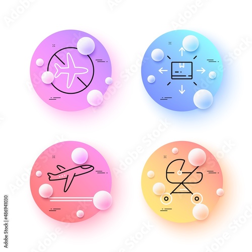 Baby carriage, Flight mode and Cardboard box minimal line icons. 3d spheres or balls buttons. Departure plane icons. For web, application, printing. Vector