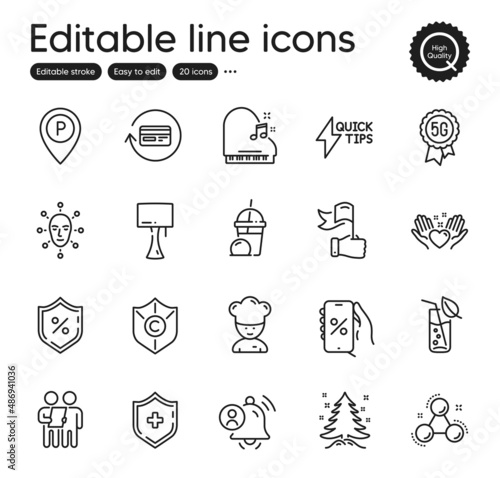 Set of Business outline icons. Contains icons as Leadership, Loan percent and Survey elements. Ice cream milkshake, Chemistry molecule, Discounts app web signs. Parking. Vector