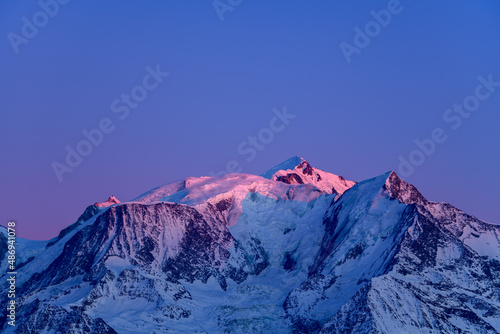 Sunlit Mont Blanc summit in Europe, France, Rhone Alpes, Savoie, Alps, in winter.