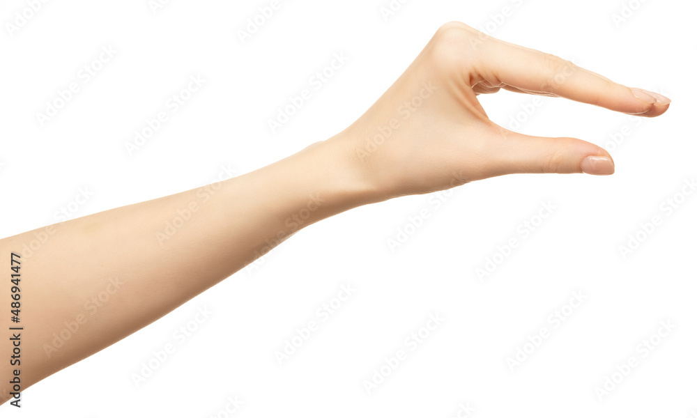 Woman hand holding invisible object isolated on white background Woman hand holding invisible object isolated on white background