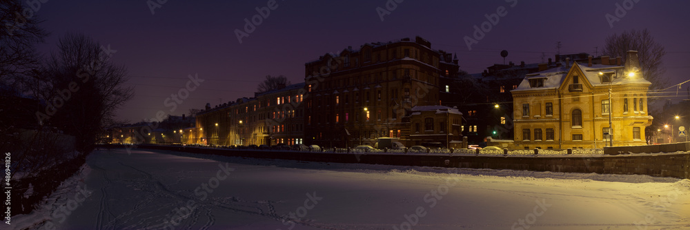 Russia, St. Petersburg, Moika River embankment on a winter night.