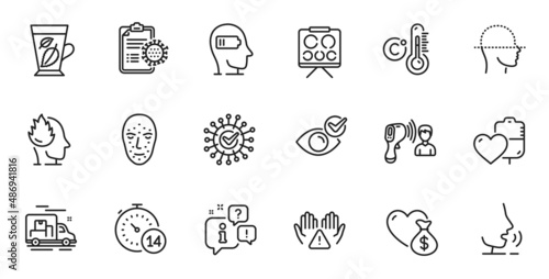 Outline set of Face biometrics  Blood and Mint leaves line icons for web application. Talk  information  delivery truck outline icon. Include Quarantine  Clean hands  Check eye icons. Vector