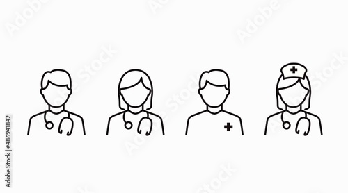 Doctor and nurse icon set. Vector isolated editable black and white illustration set