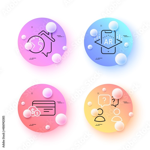 Work home, Augmented reality and Payment method minimal line icons. 3d spheres or balls buttons. Teamwork questions icons. For web, application, printing. Vector