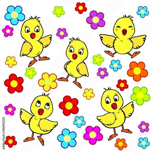 Cute cartoon chicken set. Funny yellow chickens in different poses with flowers vector.