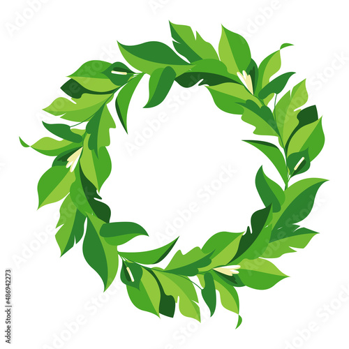 Botanical wreath of green branches and leaves. Circle foliage frame for decoration, design, label. Green fresh leaves in round composition. Vector herbal illustration on white background.