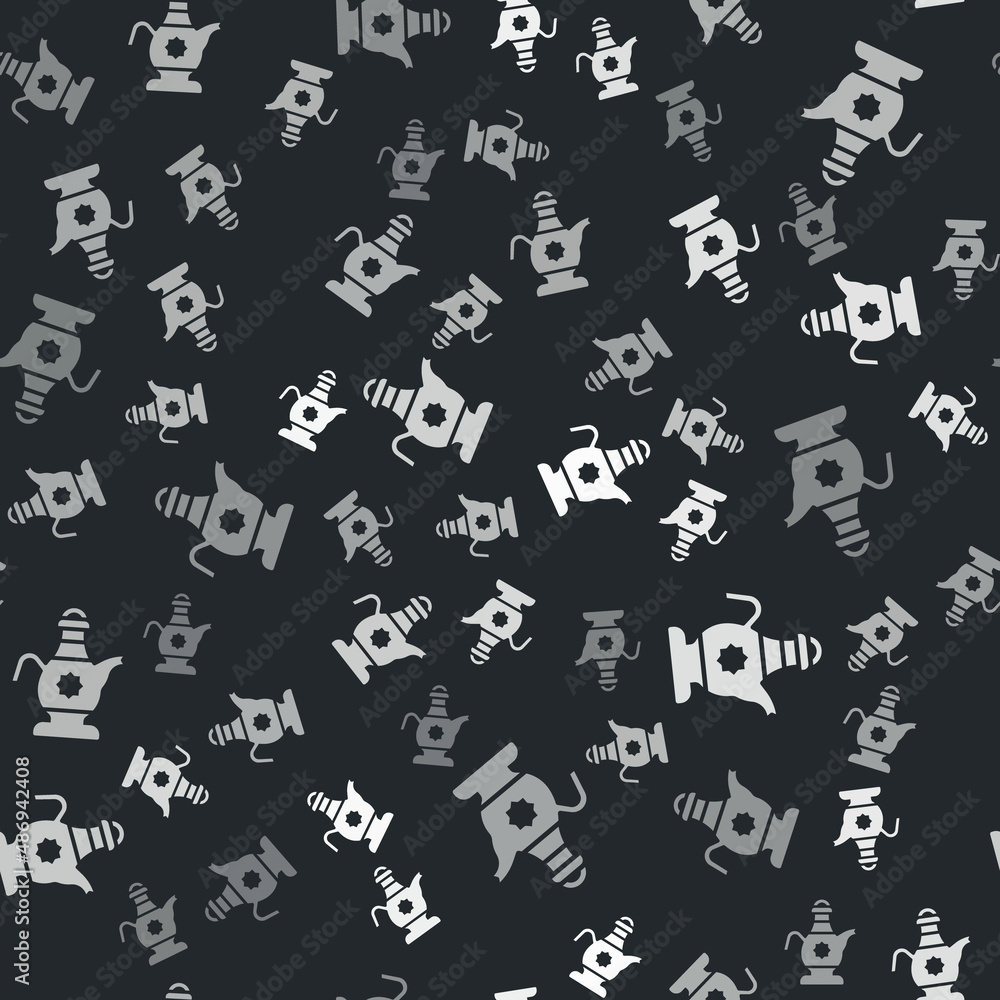 Grey Islamic teapot icon isolated seamless pattern on black background. Vector