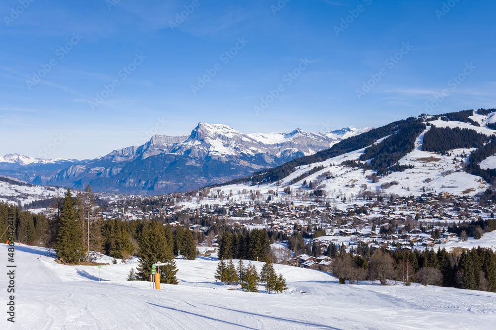 Aup de Veran, Tete du Colonney, Aiguille Rouge and Varan in Megeve in Europe, France, Rhone Alpes, Savoie, Alps, in winter on a sunny day.