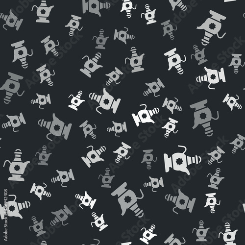 Grey Islamic teapot icon isolated seamless pattern on black background. Vector