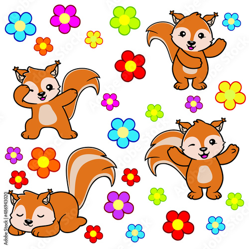 Cute cartoon squirrel set. Funny squirrel  in different poses with flowers vector.