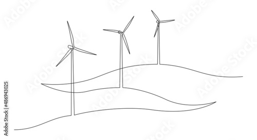One continuous line drawing of Wind turbines and windmill among hilly landscape. Green energy and renewable source of power concept in simple linear style. Editable stroke. Doodle vector illustration