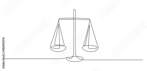One continuous line drawing of law balance and scale of justice. Symbol of equality and equilibrium concept and logo firm in simple linear style. Libra thin icon. Doodle vector illustration