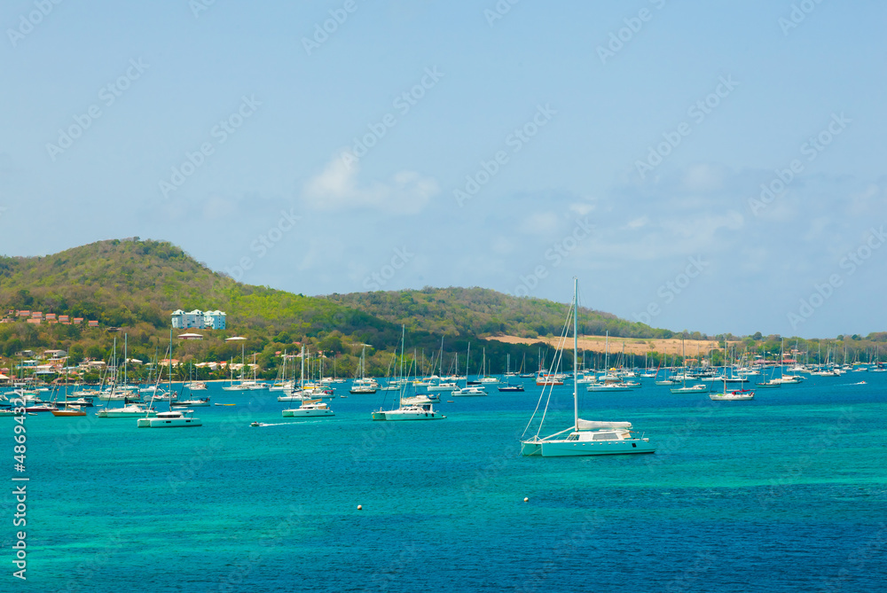 Many sailing yachts are anchored in the bay of the island of Martinique in the Caribbean.