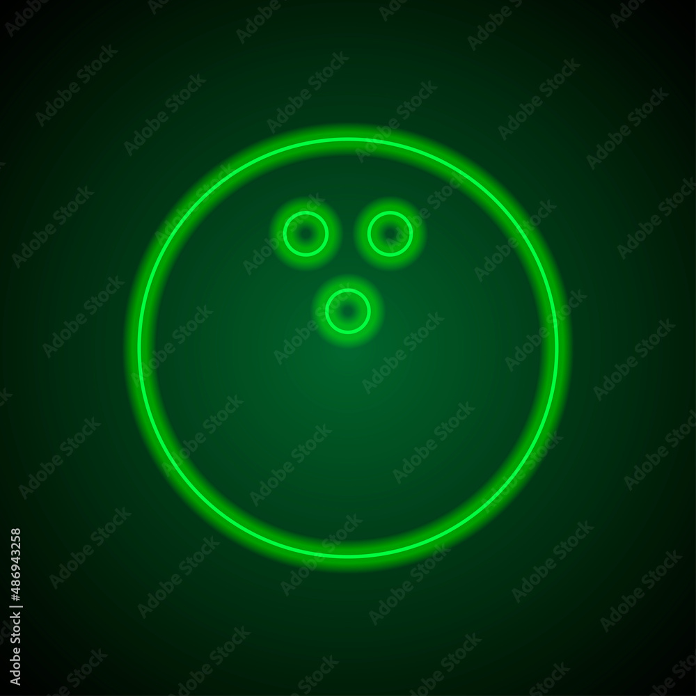 Bowling ball simple icon. Flat desing. Green neon on black background with green light.ai Bowling ball simple icon. Flat desing. Green neon on black background with green light.ai