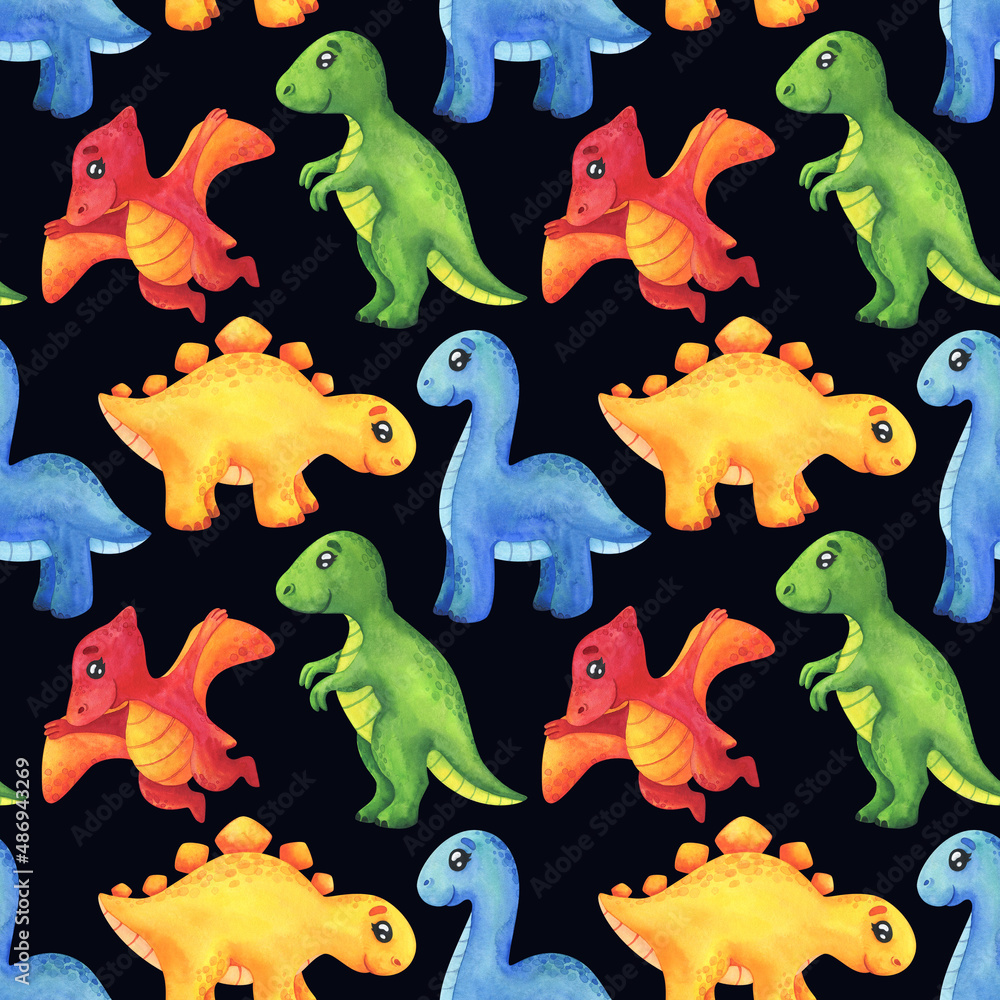 Obraz premium Seamless pattern with colorful dinosaurs. Tyrannosaurus, pterodactyl, stegosaurus, diplodocus on a dark background. Children's dino print in cartoon style for fabric, paper, wallpaper