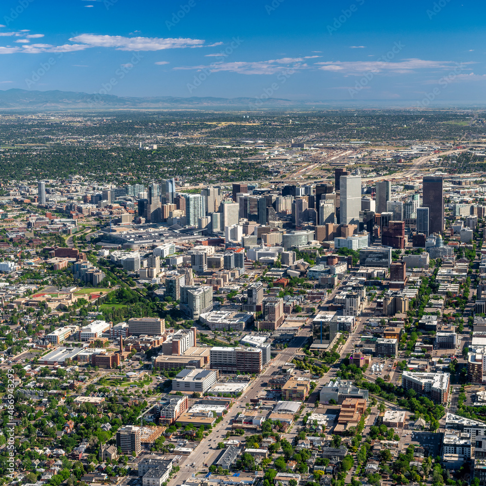 Aerial view of Denver’s skyline without a Rocky Mountain backdrop