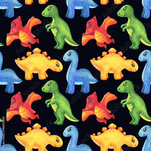Seamless pattern with colorful dinosaurs. Tyrannosaurus  pterodactyl  stegosaurus  diplodocus on a dark background. Children s dino print in cartoon style for fabric  paper  wallpaper