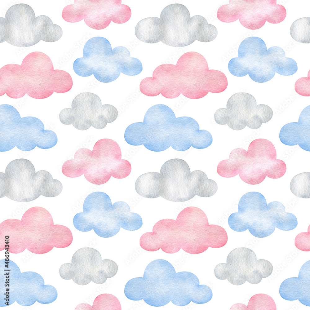 seamless pattern with blue and pink clouds. Watercolor sky on a white background. Cartoon print for children's fabric, paper, textiles, scrapbooking