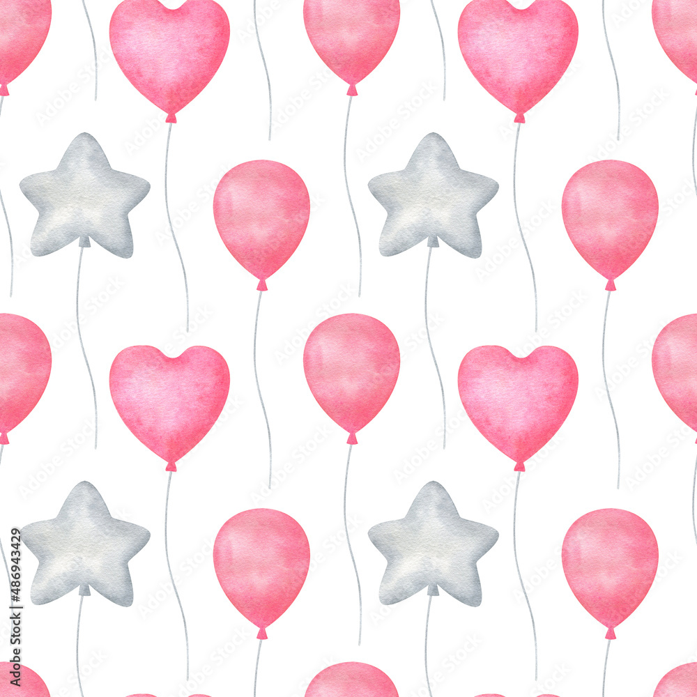 seamless pattern with pink balloons. Watercolor balloons on a white background. Romantic print for festive fabric, paper, textiles, scrapbooking