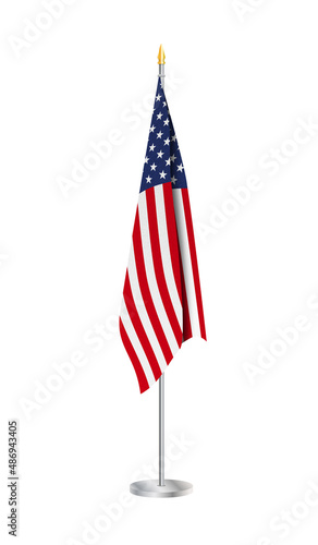 Flag of the United States of America on steel flagpole. Usa Flag isolated on white background. photo