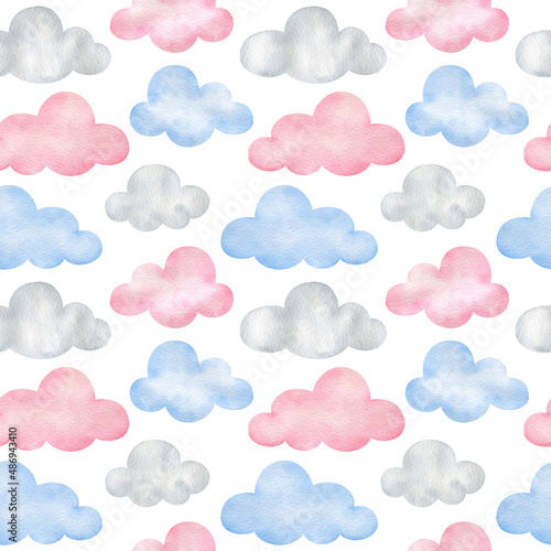 seamless pattern with blue and pink clouds. Watercolor sky on a white background. Cartoon print for children's fabric, paper, textiles, scrapbooking